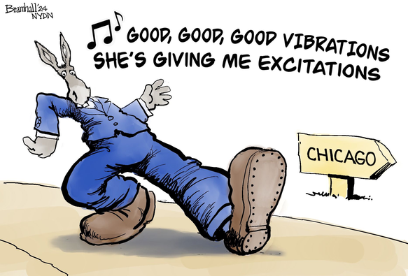 cartoon of Democratic donkey in a suit trucking down the road to Chicago singing "Good, good, good vibrations
she's giving me excitations"