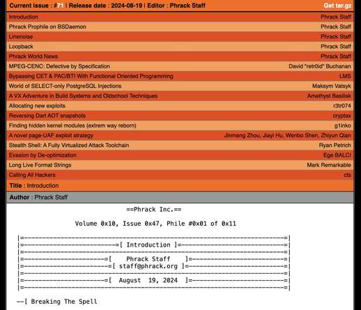 table for contents for Phrack 71
