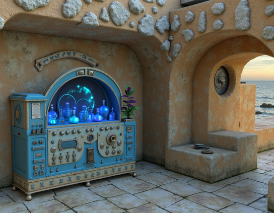 Whimsical vintage vending machine serving glowing mystical potions in an alcove with thick stone walls by the seaside at sunset.