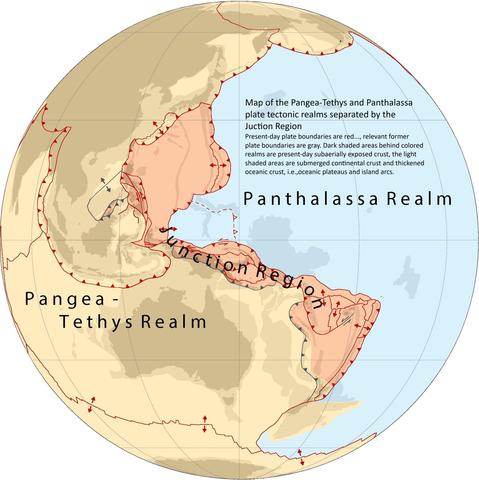 maps - the Pangea-Tethys and Panthalassa plate tectonic realms separated by the Juction Region