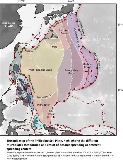 map - tectonics of the Philippine Sea Plate, highlighting the different microplates that formed as a result of oceanic spreading at different spreading centers