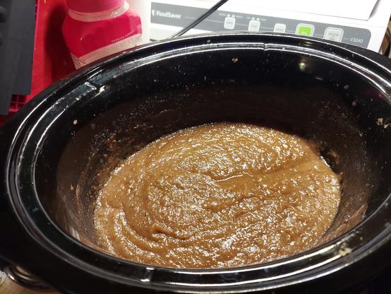 Pear butter thickening in a crackpot. I wish I could describe how amazing it smells!