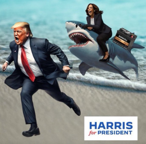 AI generated image of Trump running from Kamala Harris riding a shark with a electric battery powering it