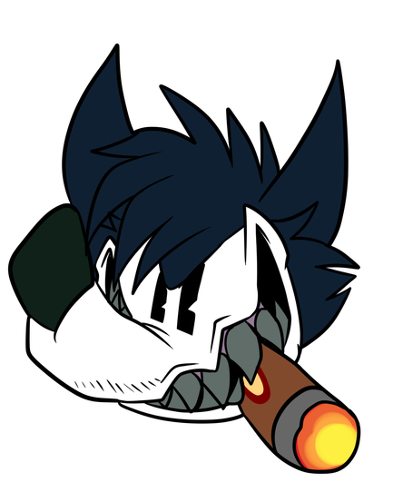 inkblot character with ears pointed like devil horns who's made out of dark blue ink and has sharp gray teeth is grinning and smoking a cigar