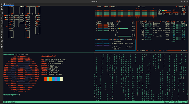 Tmux screenshot of Ubuntu CLI running on a riscv sbc.  Neofetch, Solitaire, Cmatrix, and Btop are in thier respective quadrants.
