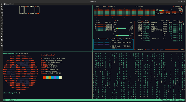 Another Tmux screenshot of Ubuntu CLI running on a riscv sbc.  Neofetch, Solitaire, Cmatrix, and Btop are in thier respective quadrants. 

This shot shows the winning results from solitaire.