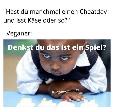 Hast du manchmal einen cheatday und ist Käse oder so? 
Veganer: denkst du das ist ein Spiel? Bild dazu von baby, welches vorwurfsvoll guckt.