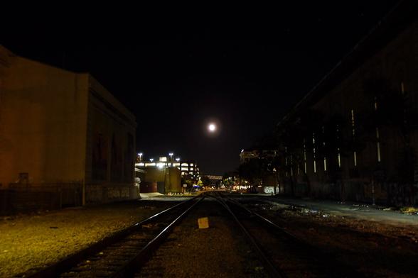 Big moon over the railroad tracks