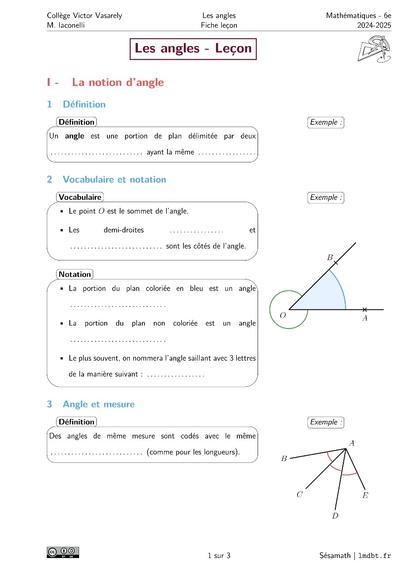 Leçon sur la notion d'angle, incluant définitions et notations.