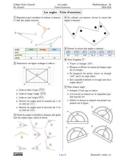 Fiche d'exercices sur les angles pour les élèves de 6e.