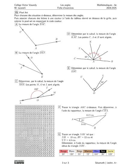 Activité de pixel art et exercices sur la mesure des angles.
