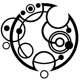 The word "Gallifreyan" in the Gallifreyan script. A roundel with various circles, dots, and circular motifs in, around, and adjacent. The effect is bewildering and slightly alien. As if someone is trying to communicate a timeless truth.