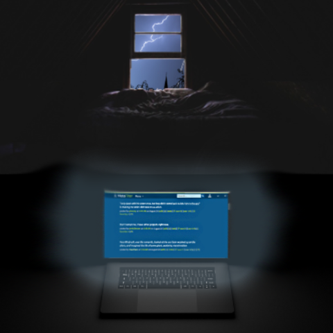 collage by mefi staff: a dark room with a window in the background, through which a lightning storm is visible. The lightning illuminates the sky, highlighting the outlines of some objects, possibly rooftops, or trees. In the foreground, there's a laptop screen emitting a soft glow in the otherwise dark room. The screen displays white text on a webpage with a dark blue background. The overall atmosphere of the image is moody and tense, with the contrast between the storm outside and the laptop's glow creating a sense of isolation or focus.