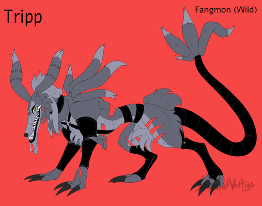 A quadruped wolf like monster in latex; a subspecies of the official Digimon "Fangmon".