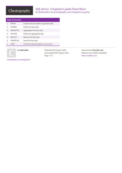 A printable reference titled SQL Server. A beginner's guide Cheat Sheet