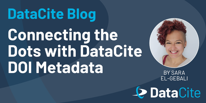 The image features a blog post header for DataCite, titled "Connecting the Dots with DataCite DOI Metadata," authored by Sara El-Gebali. It includes a circular portrait of the author and the DataCite logo.