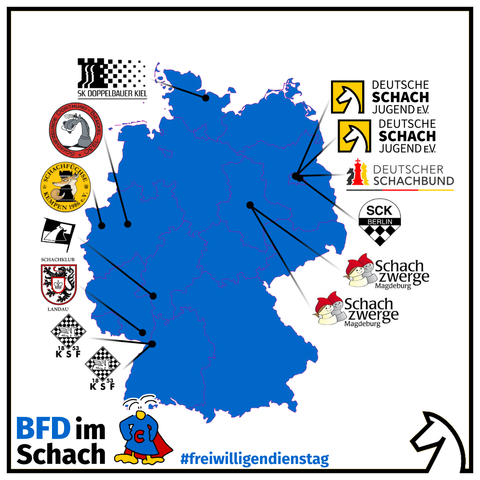 Deutschlandkarte mit Logos der Vereine, die dieses Jahr BFDler:innen beschäftigen. Berlin: 2x Deutsche Schachjugend, Deutscher Schachbund, SC Kreuzberg. Schleswig-Holstein: Doppelbauer Kiel. Sachsen-Anhalt: 2x Schachzwerge Magdeburg. NRW: SF Brackel, Schachfüchse Kempen. RLP: SC Landskrone, SK Landau. Ba-Wü: 2x Karlsruher SF