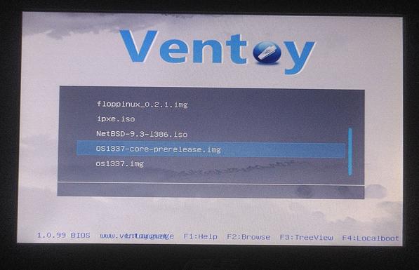 Ventoy being booted on a EeePC 701 4G with it's boot menu offering floppinux 0.2.1, iPXE, NetBSD 9.3, OS/1337 and the prerelease of OS/1337...