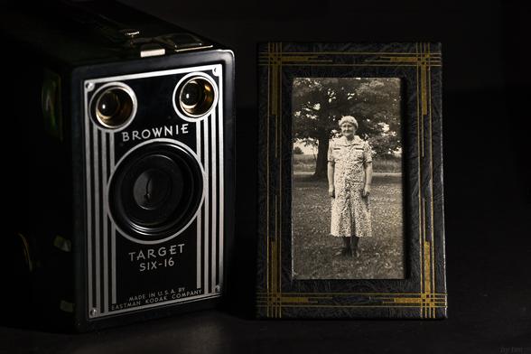 Photo of an old Kodak box camera with a photo of my grandmother beside it.