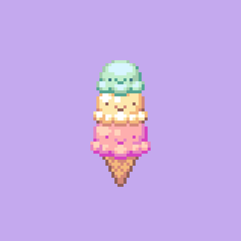 A pixel art illustration of an ice cream cone with three scoops, in strawberry, vanilla, and mint/pistachio flavours. Each one has a happy little face.