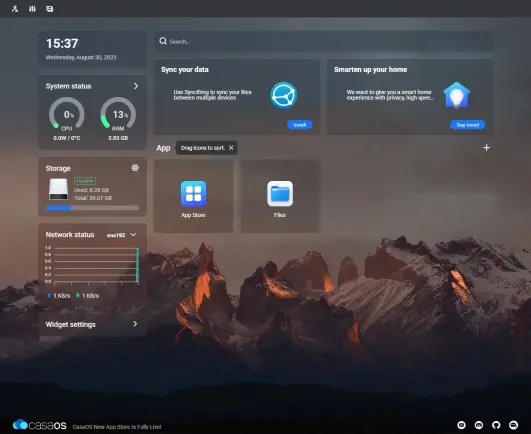 Main interface of CasaOS justafter installing it.