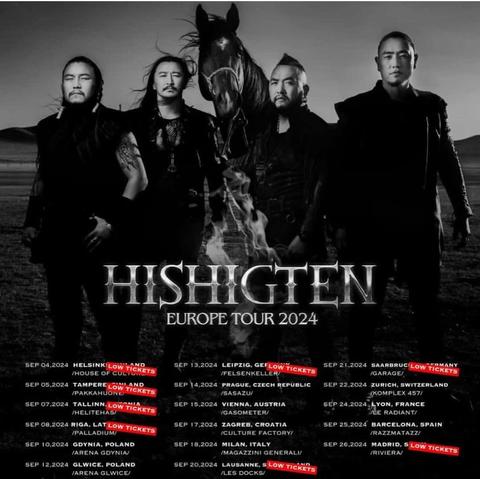 Promotional poster for the HISHIGTEN Europe Tour 2024, featuring four male musicians in black attire with a horse in the background. The image is in black and white, and lists concert dates and locations in September 2024, with
