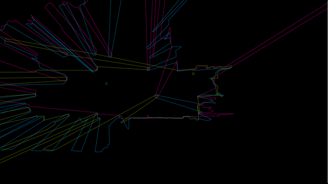 The outlines the three lidars see with each being in a different color. Also the lidars themselves are shown in this diagram as circles.