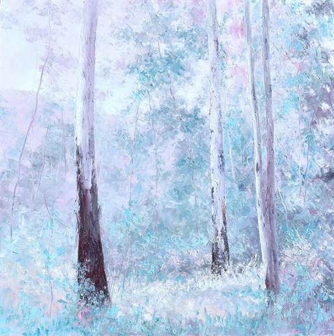 Impressionist, palette knife oil painting of forest trees in soft tones of pink and green. Several tall gum trees are depicted in the foreground among a forest of soft, pastel hues, creating a dreamy and serene atmosphere. The light colors blend together, giving a sense of tranquility and ethereal beauty.