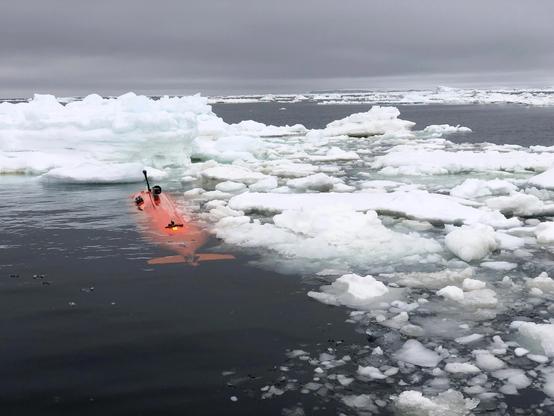 photo - the submersible / ROV about to start mapping under the Dotson Ice Shelf, Antarctica