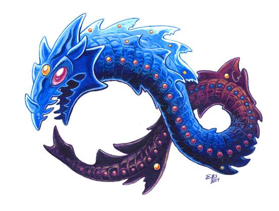 An acrylic painting of a wyrm (serpent-like limbless, wingless dragon) coiled into the shape of an infinity symbol about to eat its own tail like an ourobouros. The front half of the wyrm is blue, its head is surrounded by a crest that ends in several sharp points and it has three horns (that we can see) on its head and one more on its nose. It has a shiny yellow bauble/eye in the middle of its forehead, as well as smaller baubles/jewels embedded in its scales, running the entire length of its body. It has a second head on its back half and many different spikes along its body. Its tail tapers to a point and ends in a sharklike fin. Its front half is painted in shades of blue, while its back half is a dark purple with orange and yellow accents.