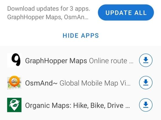 Screenshot on smartphone, F-Droid showing updates only for GraphHopper, OsmAnd and Organic Maps