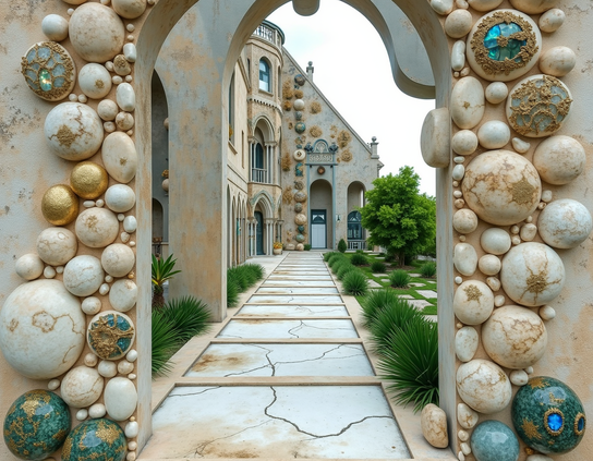 Arched entrance to the grounds of a fantasy castle, with spherical decorations embedded in textured walls, featuring a garden path and whimsical architectural design.