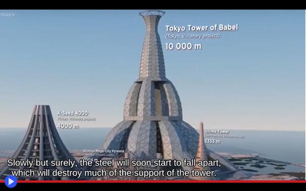 Rendering 3d di ipotetico mega-palazzo costruito per la città di Tokyo. La forma ricorda vagamente la torre Eiffel.
