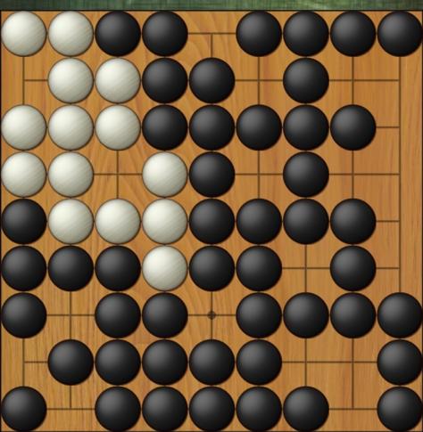 9 x 9 go game with black dominating white. looks like a space Invader
