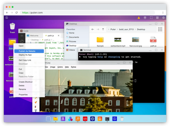 puter web-desktop screenshot.
Opened applications: shell, desktop main root window, desktop menu, code editor, file-manager, picture viewer