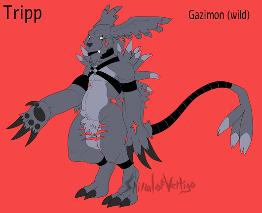 A reference for Tripp who is a subspecies of an official Digimon called 'Gazimon'. He's the Wild subspecies and has latex accessories and a harness on as well as bright glowing red scars.