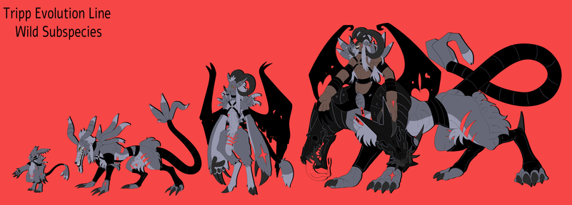 A lineup of evolutions for a Digimon named Tripp. His forms are 'Wild' type subspecies of official Digimon.

Gazimon; Fangmon, Mephistomon and Grandracmon are his evolutions.