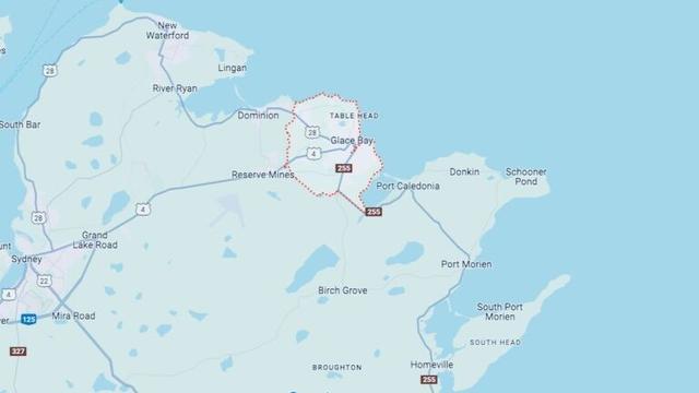 Map of Nova Scotia showing the Glace Bay area.