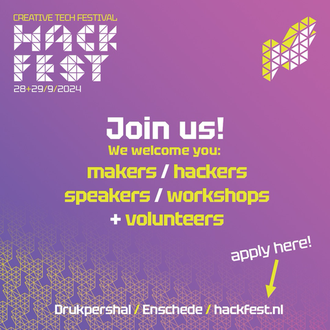 Yellow and white text with call for participation on a purple and pink gradient background