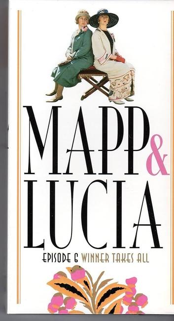 Cover of Mapp and Lucia by E. F. Benson. Two middle-aged, middle class British woman dressed in clothing from the 1930s seated back to back in postures of stiff animosity