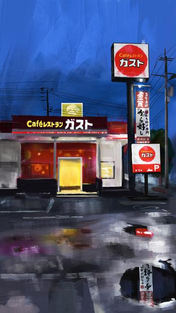 A night painting of a cafe/restaurant in Japan.