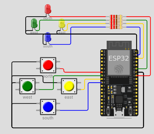 Circuit with a ESP32 chip connected to four LEDs and four push-buttons