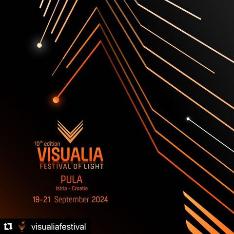 eposter of visualisieren Lightart festival Pula Croatia. Black background with typo and line ornament in different shades of orange