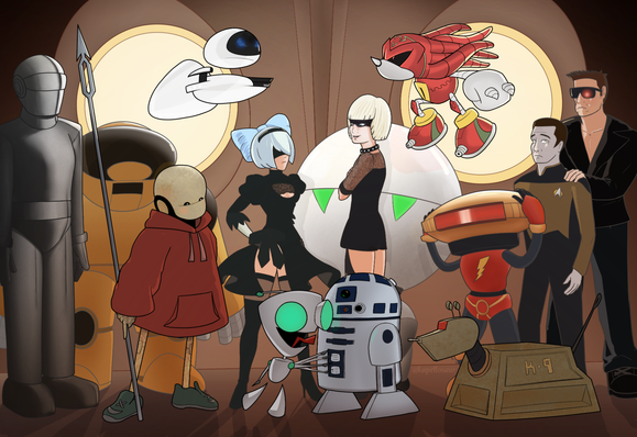 Several figures stand in front of the Iron Giant's face, which takes up the entire frame. The characters are (left to right) Gort from The Day the Earth Stood Still, Megadroid from Sonic the Comic, Bubs from Space Sweepers, Eve from Wall-e, 2B from Nier: Automata, GIR from Invader Zim, R2-D2 from Star Wars, Pris from Blade Runner, Marvin from the Hitchhikers Guide film, Knuckles Metallix from Sonic the Comic, K-9 from Doctor Who, Alpha-5 from Power Rangers, Data from Star Trek: TNG, and the Cyberdyne Systems Model 101 from The Terminator.