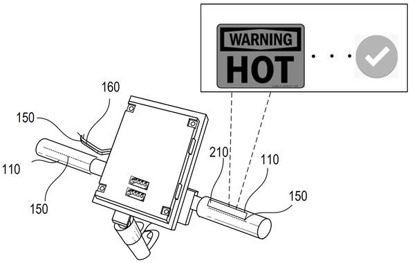 Patent drawing of scooter handlebars with a label reading "Warning HOT"