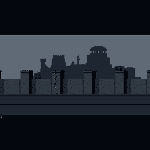 Image of a wall with towers. The tower at the center left has some bricks sticking out like some sort of a ladder. There's a silhouette of some sort of a prison complex or a fortress in the background. Towards the left two silhouettes of guards appear to be talking, at the top of the tower further right another two appear to be sight seeing.