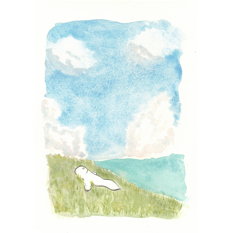 watercolour and ink
on a grassy hill lies friendly, gazing up in the sky.
in the background might be greenish sea or more grassy land.
above all a blue sky with fluffy clouds.