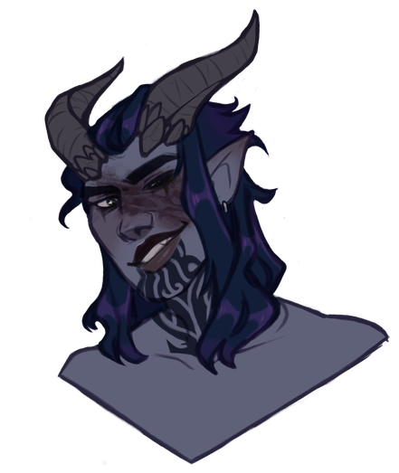 A digital art piece with a transparent background: a blue/grey tiefling smirks and looks down on the viewer, his bust and head visible. His hair is a dark blue/purple and falls to his shoulders. His left eye is black, both sclera and iris, and a large burn covers the left half of his face. His horns rear up and back and are a dark grey. A dark tattoo is scrawled across his chin and down his neck.