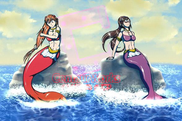 Asuka and Mari from Evangelion as mermaids relaxing on rocks in the middle of the ocean during the afternoon