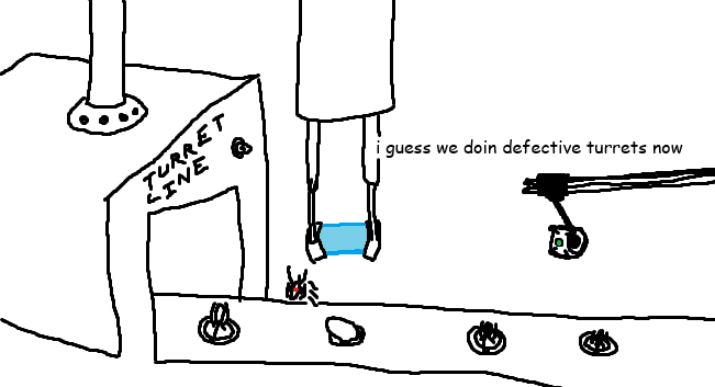 the "i guess we doin circles now" image but with a portal 2 theme

the machine says "TURRET LINE", the farthest turrets on the right are defective, the turret under the scanner is not defective and has been launched towards the incinerator, and the turret on the left is not defective, ready to go under the machine

there is a management rail to the right, the core on it has a green eye, and is saying "i guess we doin defective turrets now"